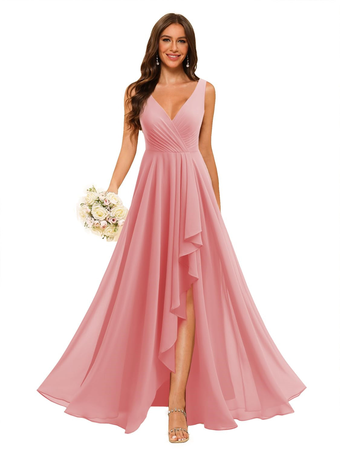 A-Line/Princess V Neck Sleeveless Floor Length Bridesmaid Dresses Chiffon with Slit Pockets