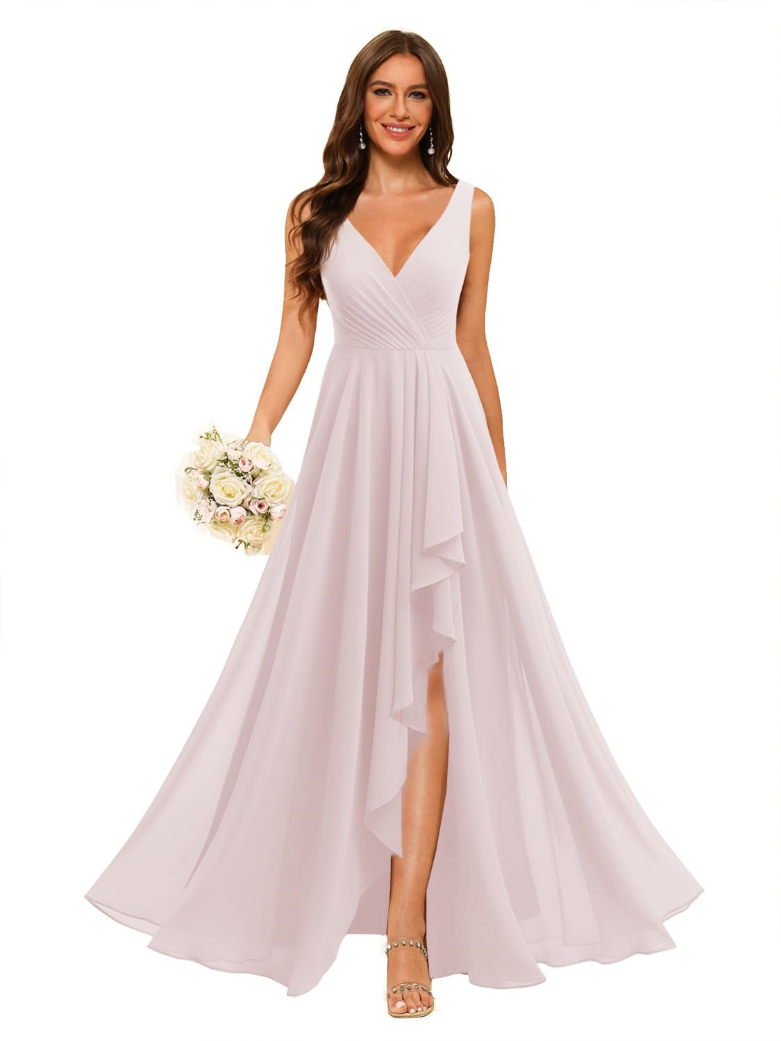 A-Line/Princess V Neck Sleeveless Floor Length Bridesmaid Dresses Chiffon with Slit Pockets