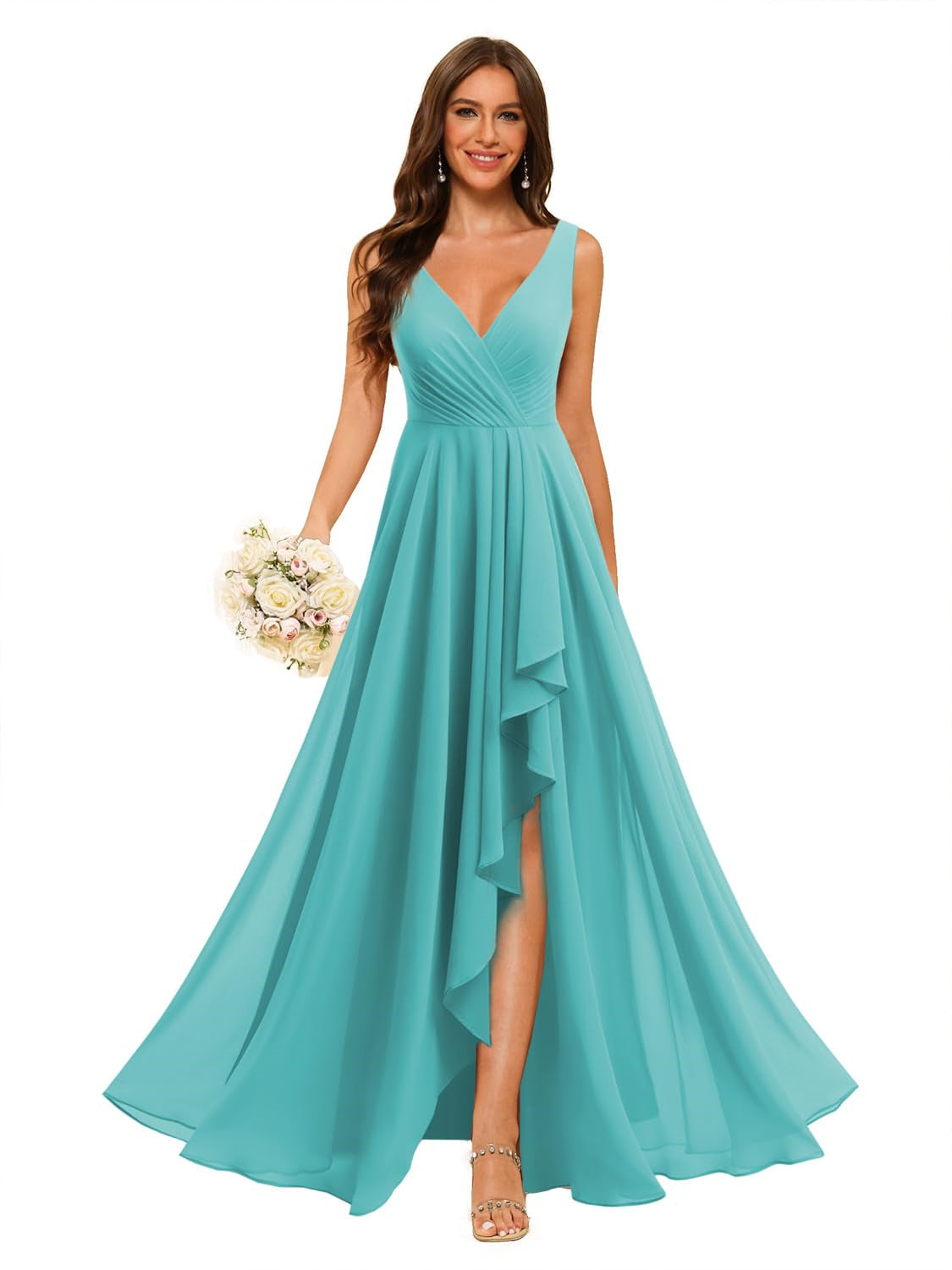 A-Line/Princess V Neck Sleeveless Floor Length Bridesmaid Dresses Chiffon with Slit Pockets