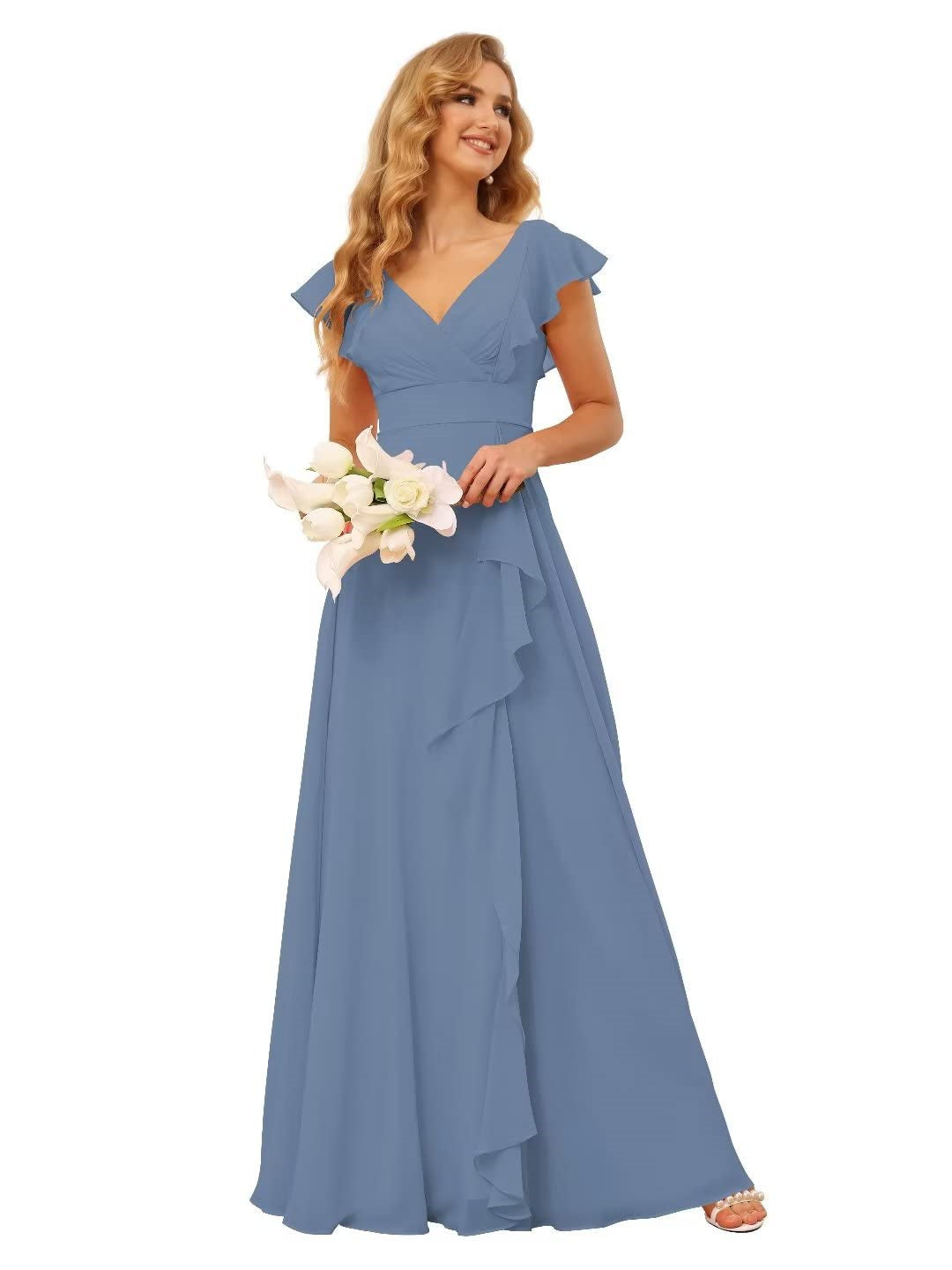 A-Line/Princess V Neck Short Sleeve Floor Length Bridesmaid Dresses With Ruffled Split