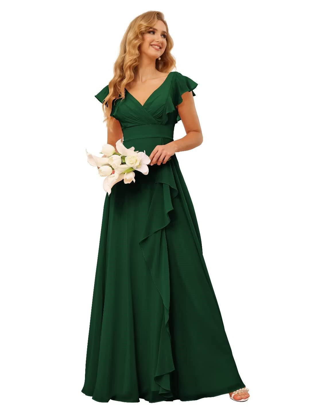 A-Line/Princess V Neck Short Sleeve Floor Length Bridesmaid Dresses With Ruffled Split