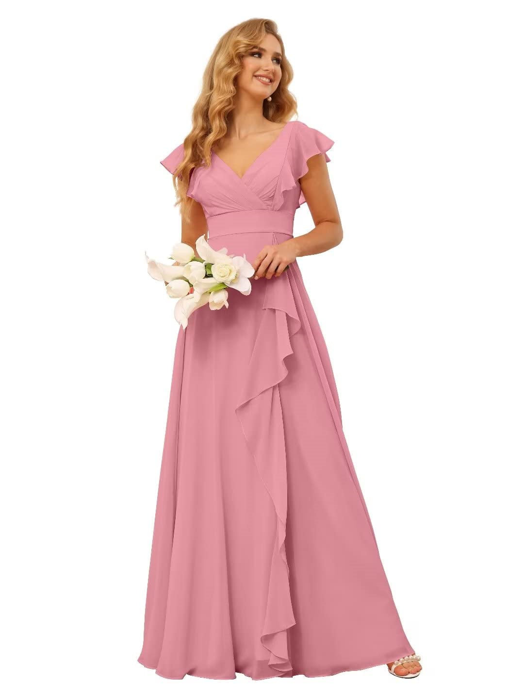 A-Line/Princess V Neck Short Sleeve Floor Length Bridesmaid Dresses With Ruffled Split