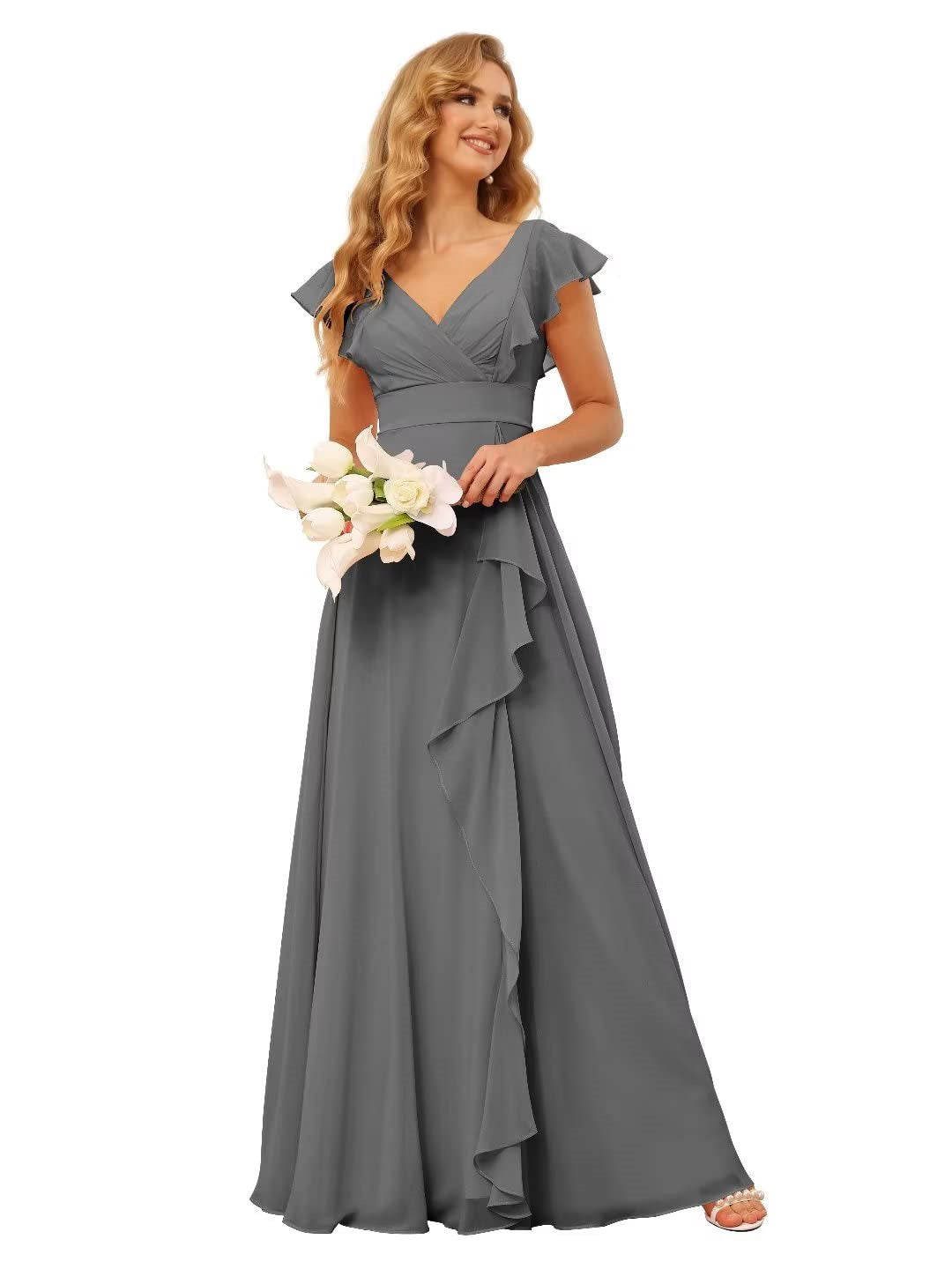 A-Line/Princess V Neck Short Sleeve Floor Length Bridesmaid Dresses With Ruffled Split