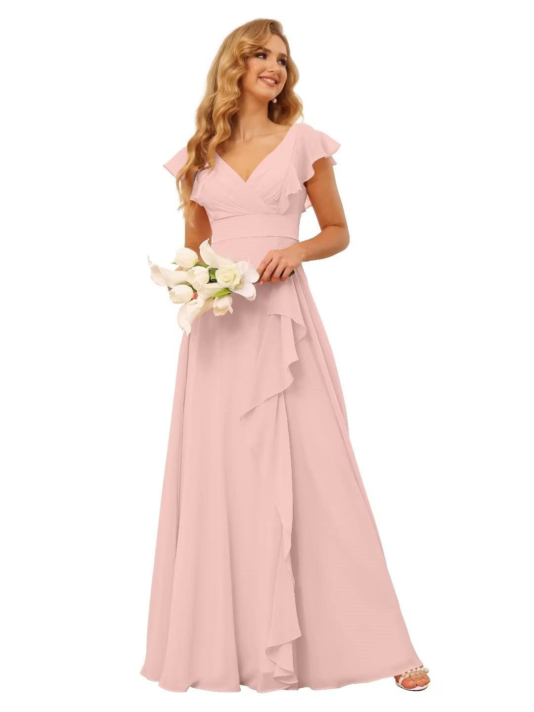 A-Line/Princess V Neck Short Sleeve Floor Length Bridesmaid Dresses With Ruffled Split