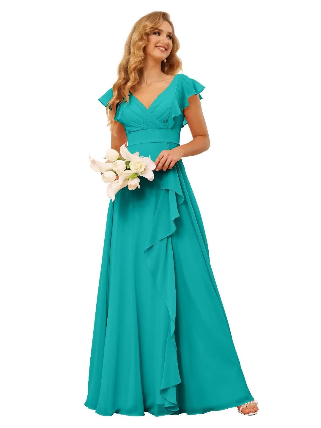 A-Line/Princess V Neck Short Sleeve Floor Length Bridesmaid Dresses With Ruffled Split