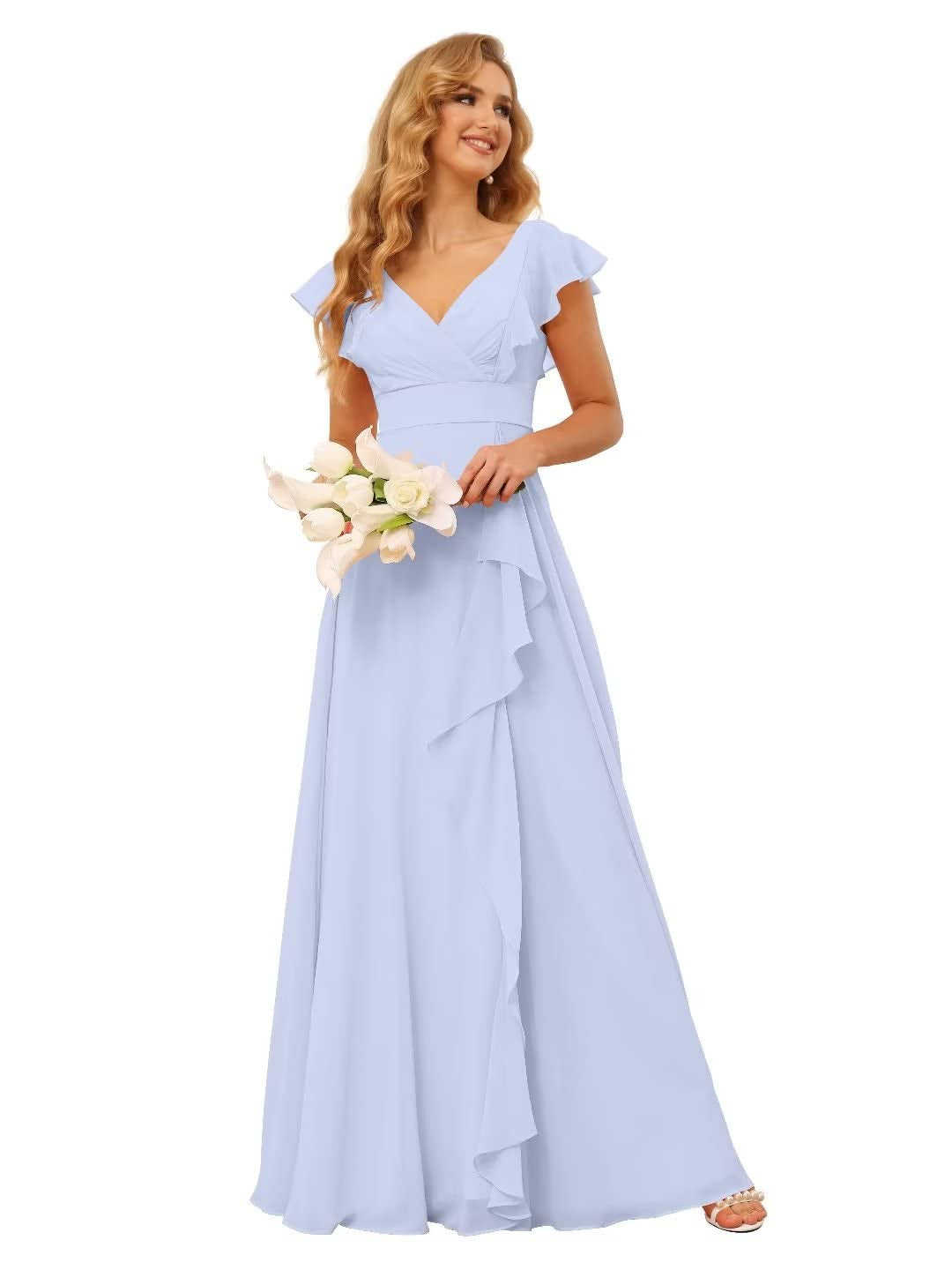 A-Line/Princess V Neck Short Sleeve Floor Length Bridesmaid Dresses With Ruffled Split