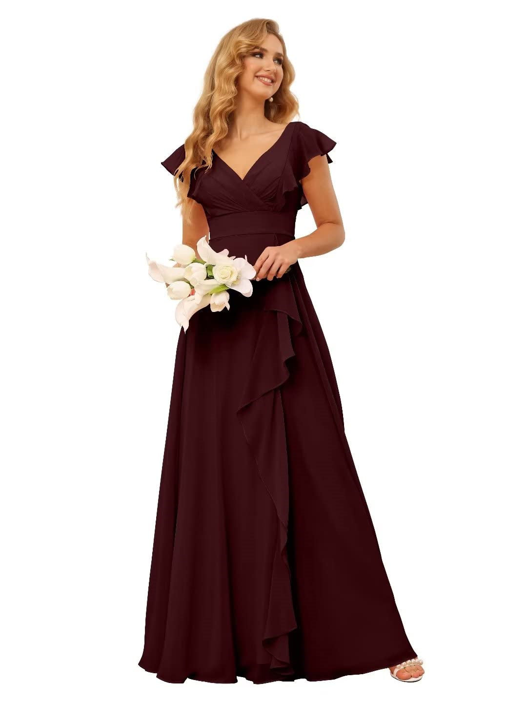 A-Line/Princess V Neck Short Sleeve Floor Length Bridesmaid Dresses With Ruffled Split
