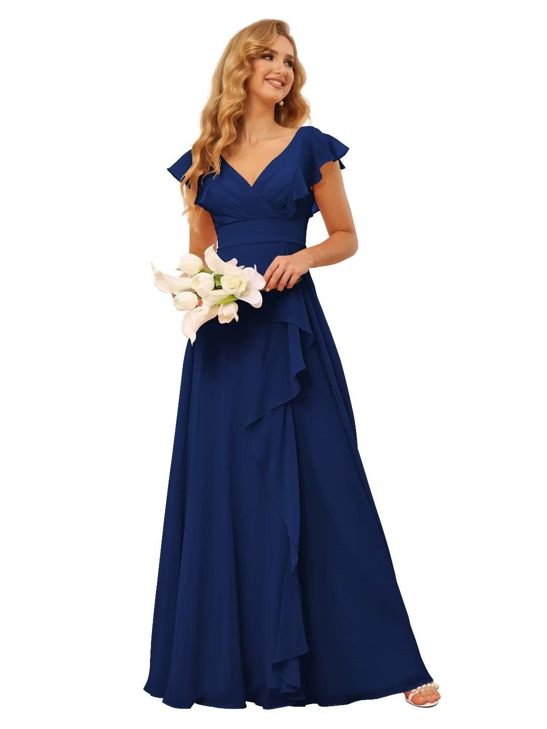 A-Line/Princess V Neck Short Sleeve Floor Length Bridesmaid Dresses With Ruffled Split