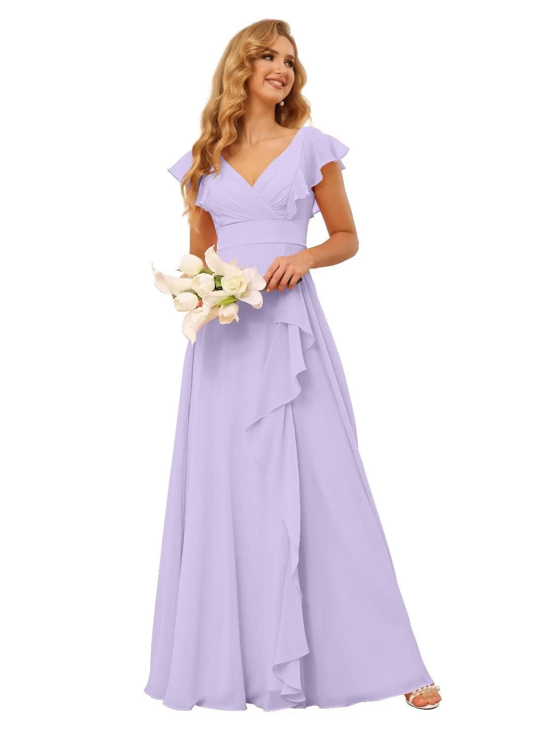 A-Line/Princess V Neck Short Sleeve Floor Length Bridesmaid Dresses With Ruffled Split