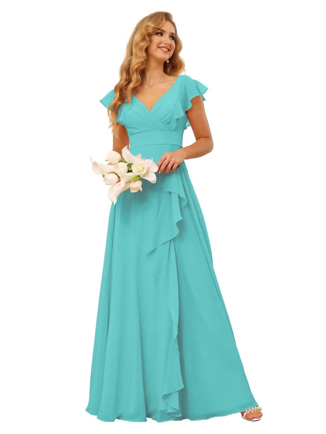 A-Line/Princess V Neck Short Sleeve Floor Length Bridesmaid Dresses With Ruffled Split