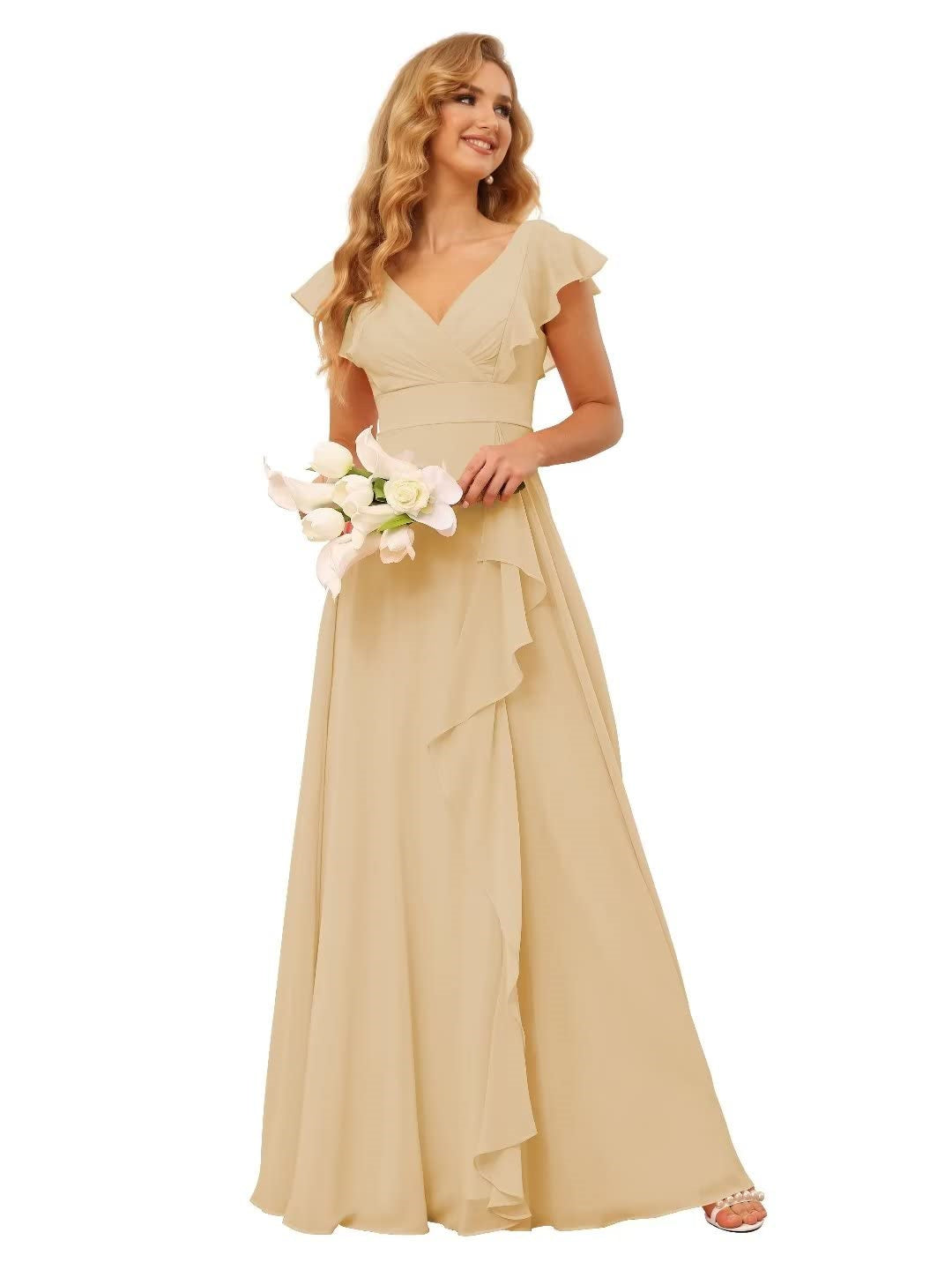A-Line/Princess V Neck Short Sleeve Floor Length Bridesmaid Dresses With Ruffled Split