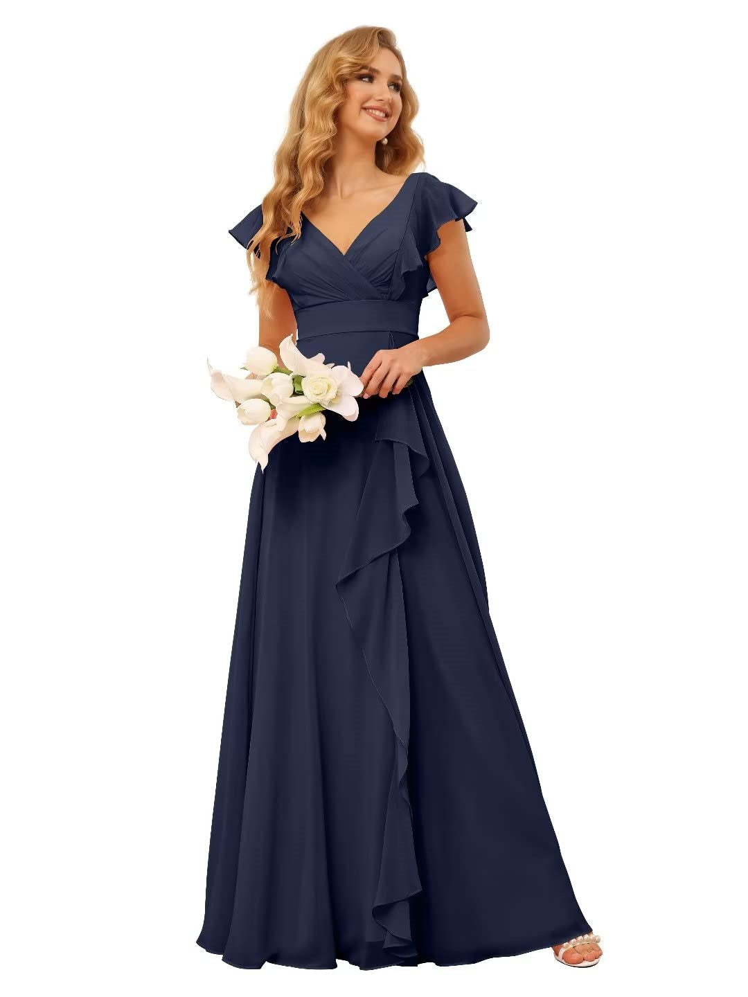 A-Line/Princess V Neck Short Sleeve Floor Length Bridesmaid Dresses With Ruffled Split