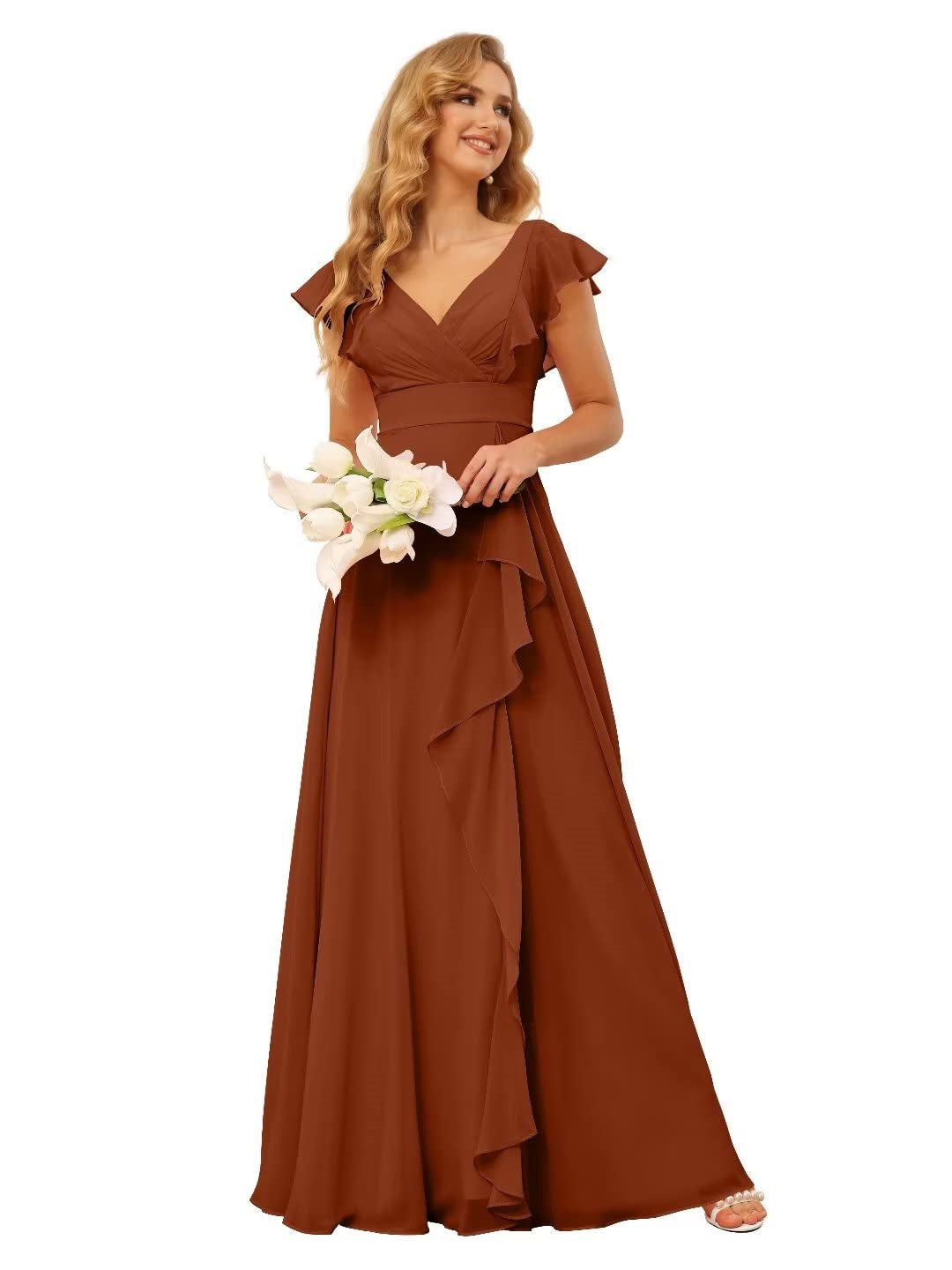 A-Line/Princess V Neck Short Sleeve Floor Length Bridesmaid Dresses With Ruffled Split