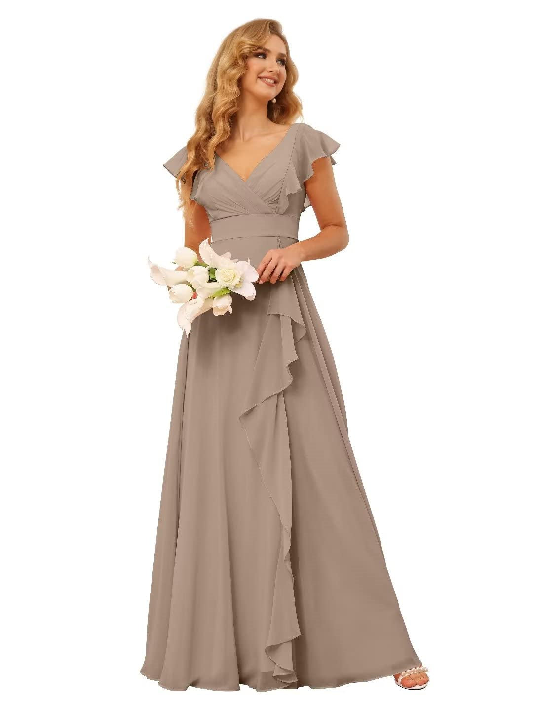 A-Line/Princess V Neck Short Sleeve Floor Length Bridesmaid Dresses With Ruffled Split