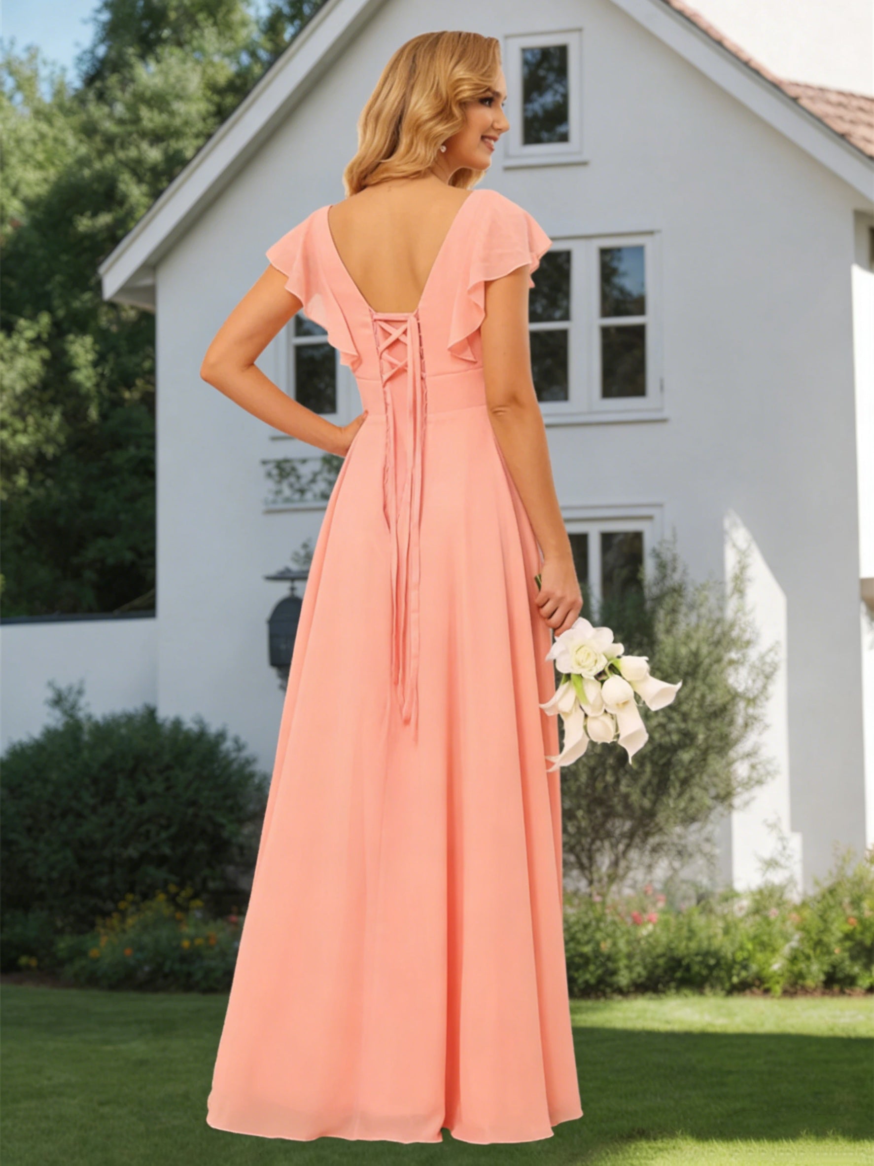 A-Line/Princess V Neck Short Sleeve Floor Length Bridesmaid Dresses With Ruffled Split