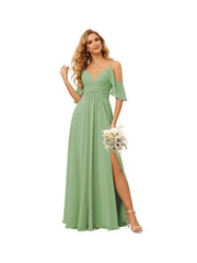 A-Line/Princess Spaghetti Straps Sleeveless Floor Length Bridesmaid Dresses Chiffon with Ruffles Split