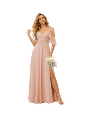 A-Line/Princess Spaghetti Straps Sleeveless Floor Length Bridesmaid Dresses Chiffon with Ruffles Split