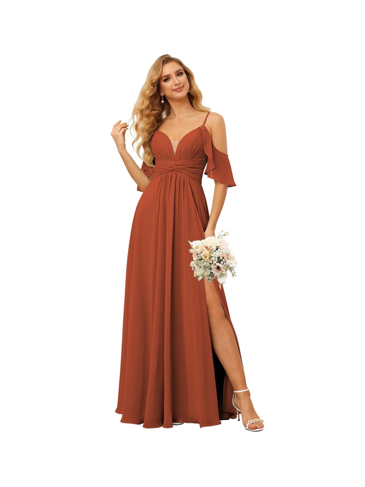A-Line/Princess Spaghetti Straps Sleeveless Floor Length Bridesmaid Dresses Chiffon with Ruffles Split