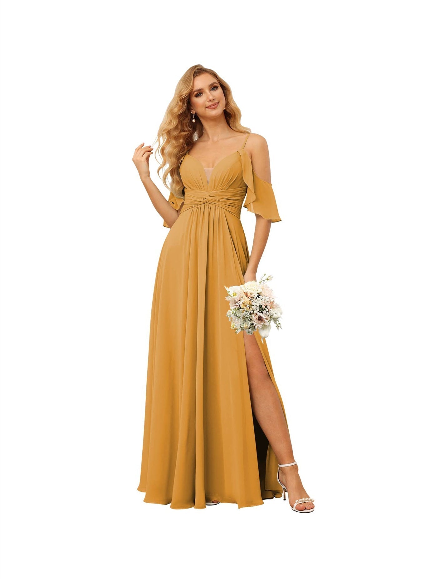 A-Line/Princess Spaghetti Straps Sleeveless Floor Length Bridesmaid Dresses Chiffon with Ruffles Split