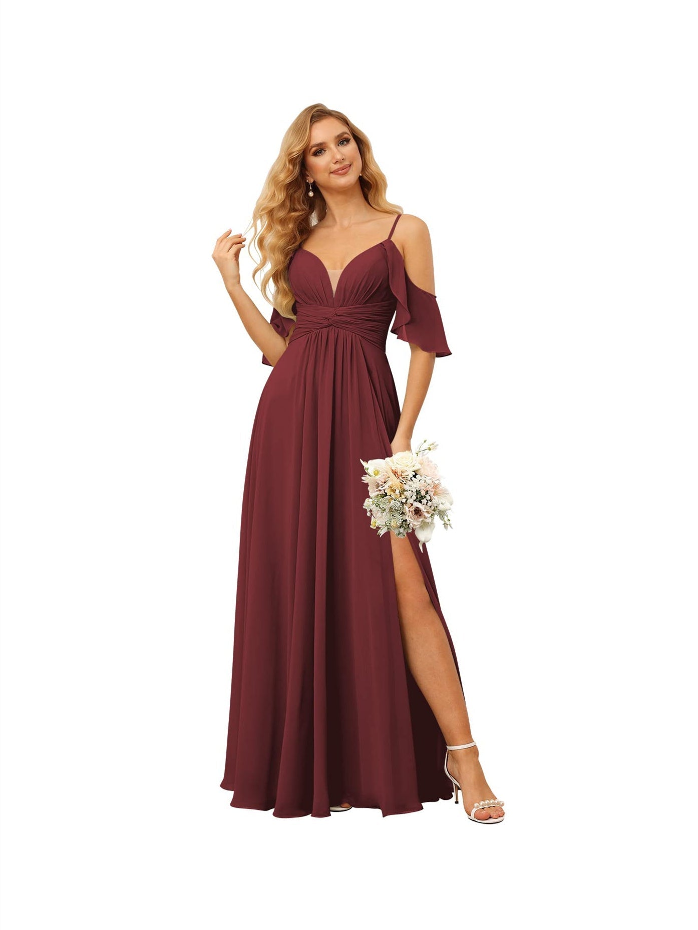 A-Line/Princess Spaghetti Straps Sleeveless Floor Length Bridesmaid Dresses Chiffon with Ruffles Split
