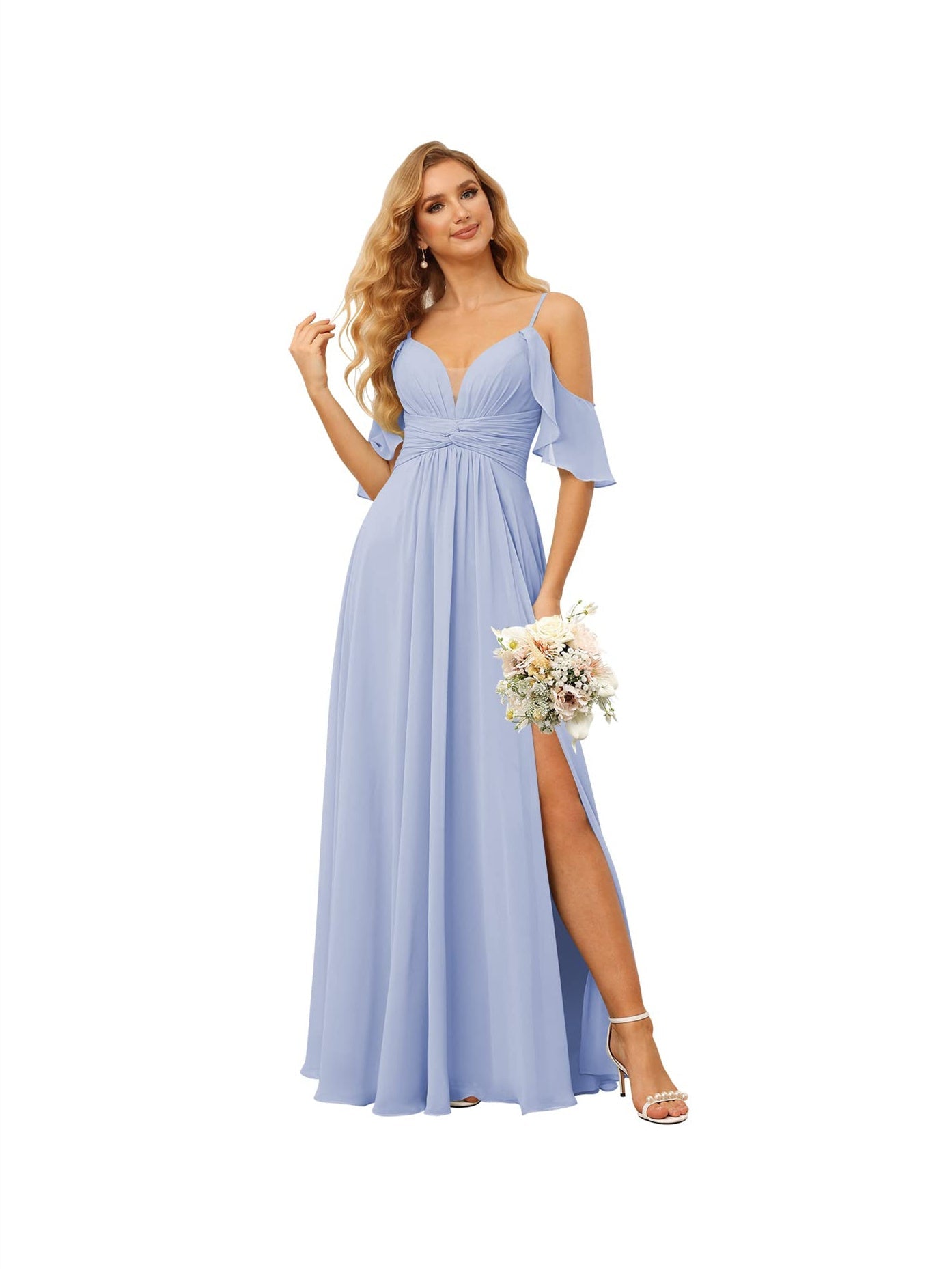 A-Line/Princess Spaghetti Straps Sleeveless Floor Length Bridesmaid Dresses Chiffon with Ruffles Split