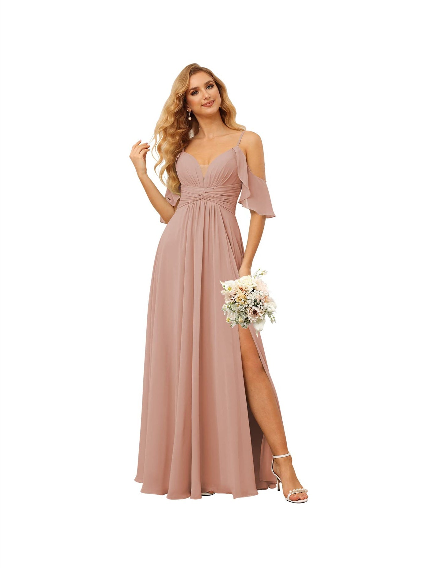 A-Line/Princess Spaghetti Straps Sleeveless Floor Length Bridesmaid Dresses Chiffon with Ruffles Split