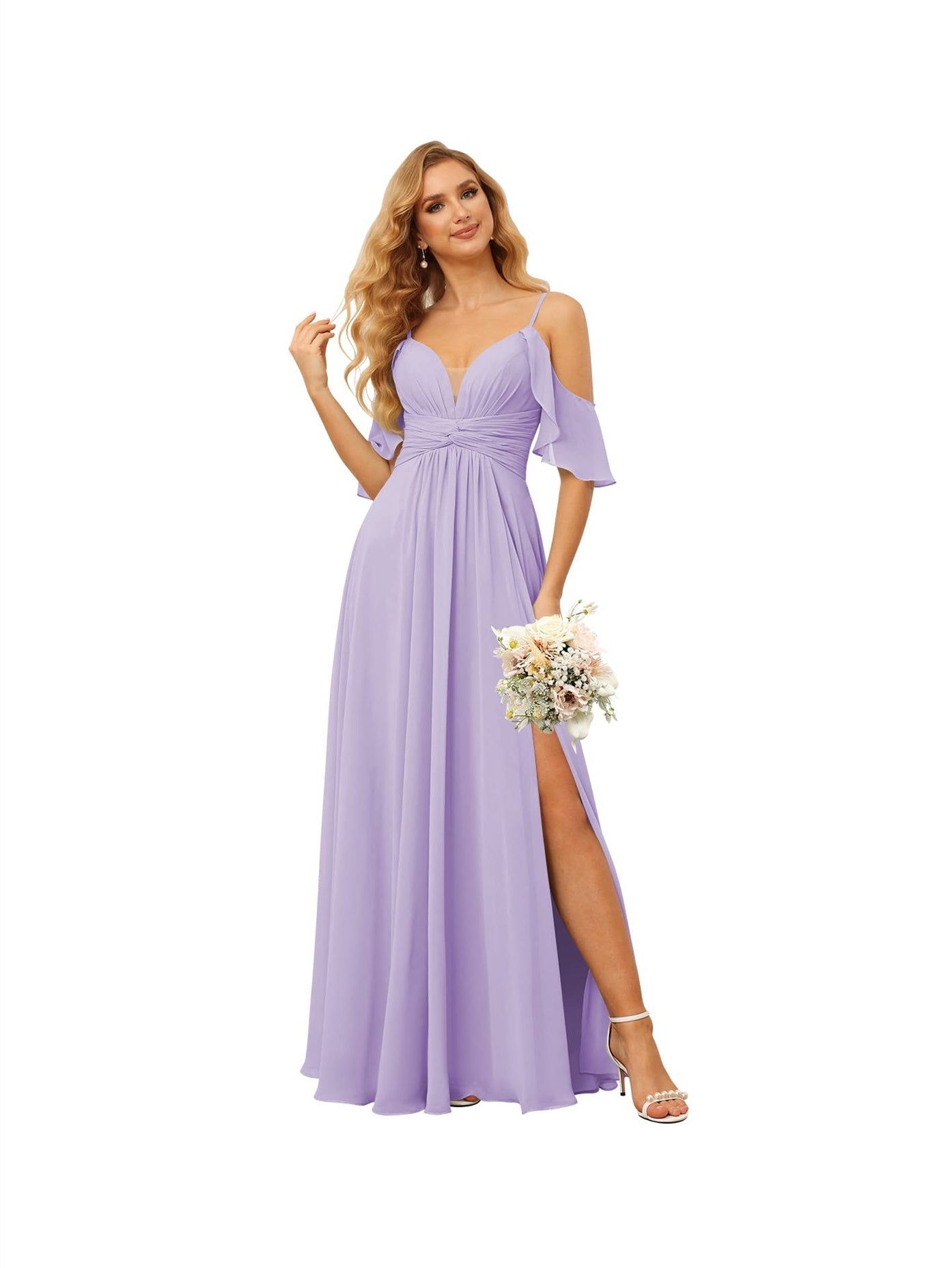 A-Line/Princess Spaghetti Straps Sleeveless Floor Length Bridesmaid Dresses Chiffon with Ruffles Split