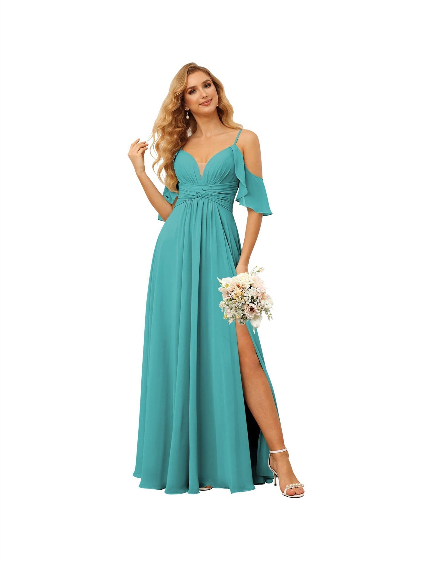 A-Line/Princess Spaghetti Straps Sleeveless Floor Length Bridesmaid Dresses Chiffon with Ruffles Split