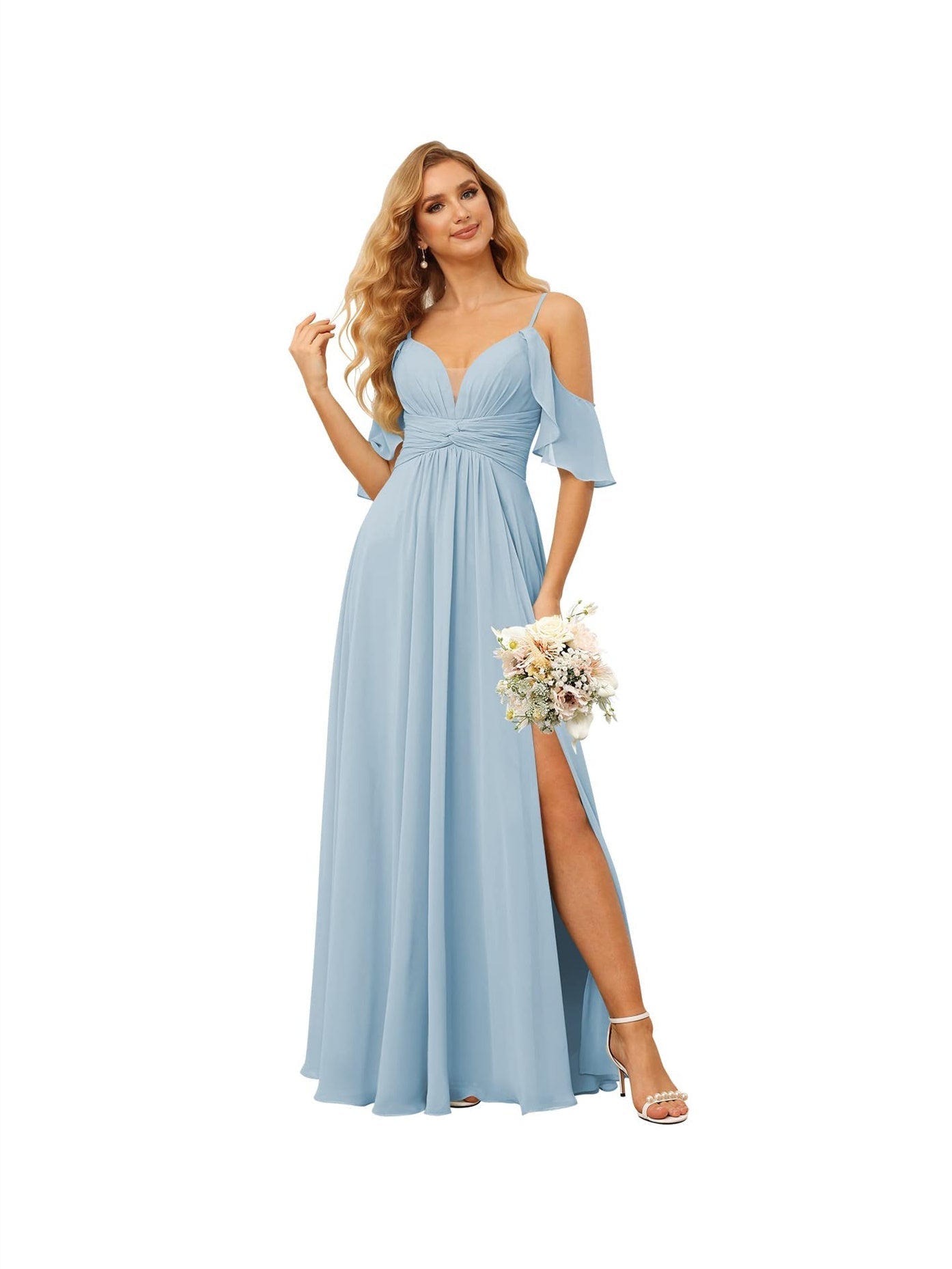 A-Line/Princess Spaghetti Straps Sleeveless Floor Length Bridesmaid Dresses Chiffon with Ruffles Split