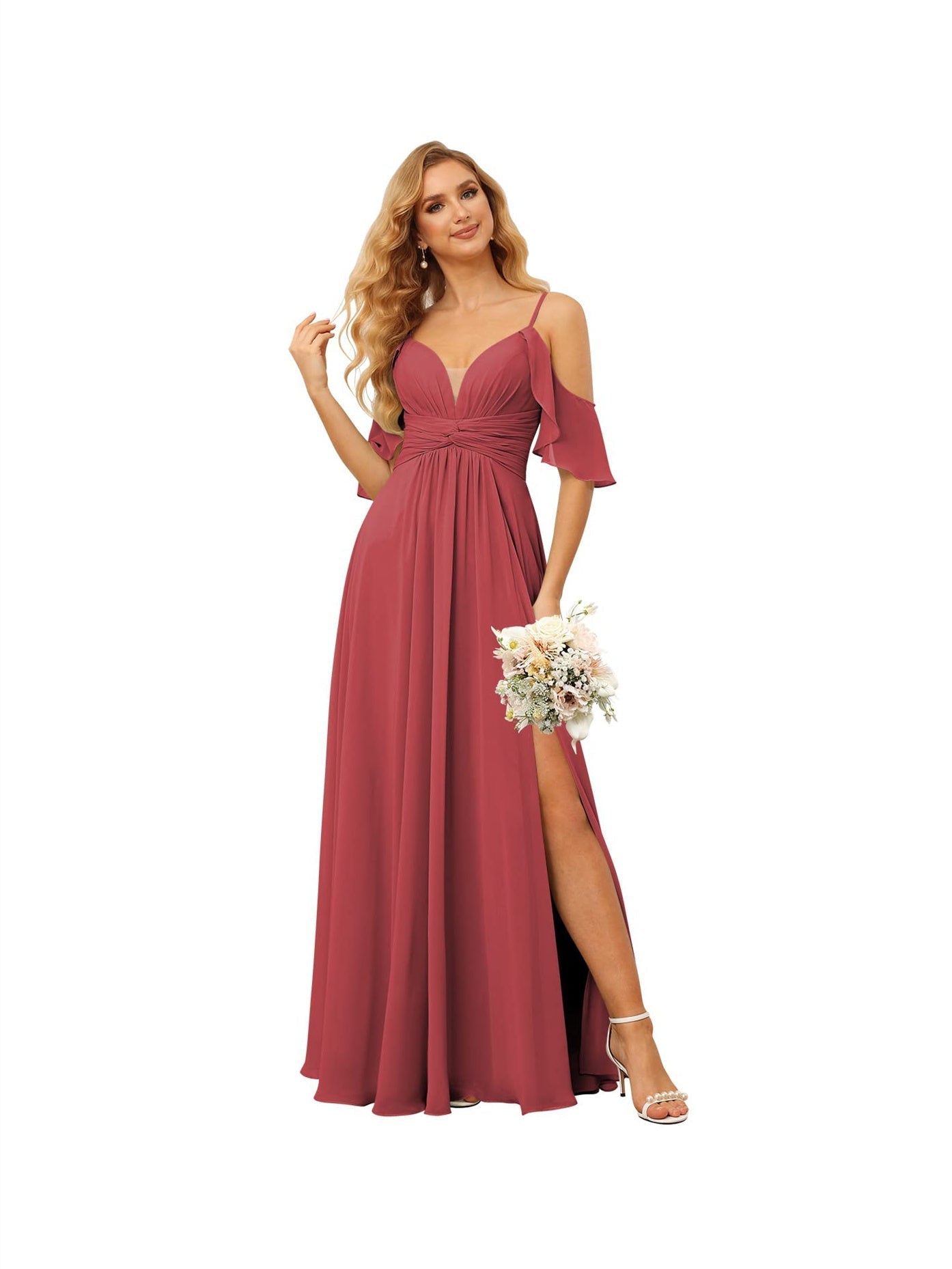 A-Line/Princess Spaghetti Straps Sleeveless Floor Length Bridesmaid Dresses Chiffon with Ruffles Split