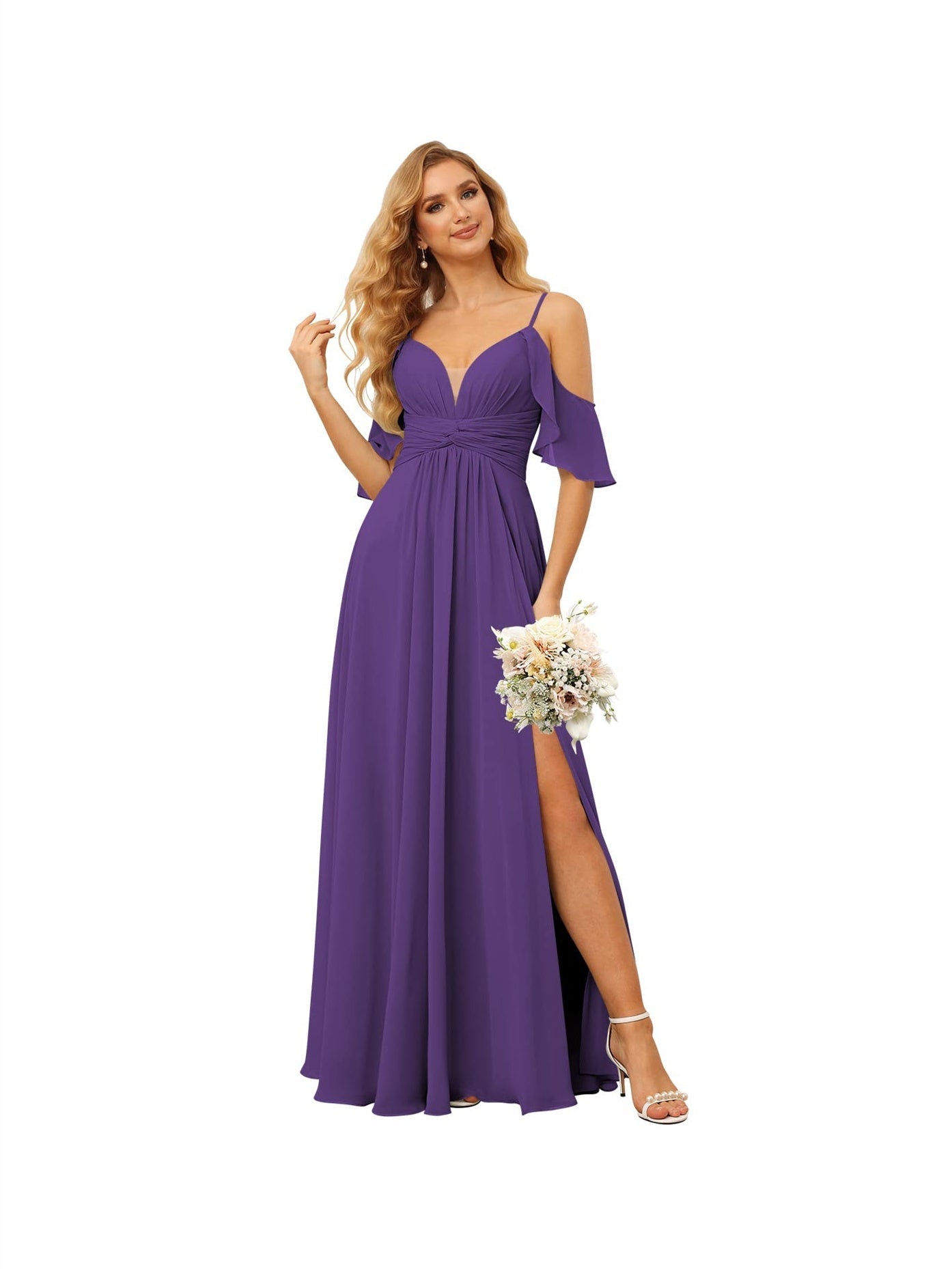 A-Line/Princess Spaghetti Straps Sleeveless Floor Length Bridesmaid Dresses Chiffon with Ruffles Split