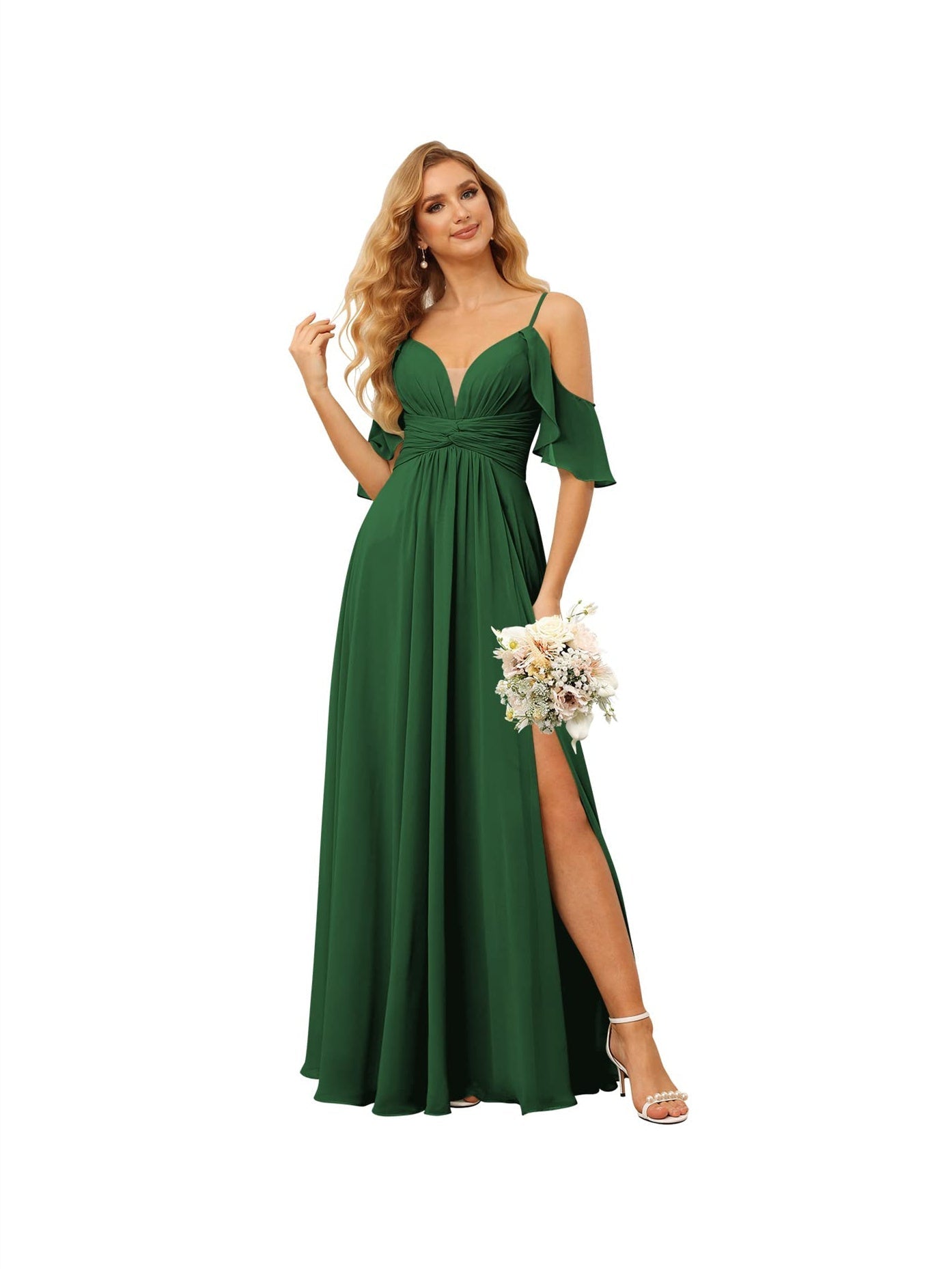 A-Line/Princess Spaghetti Straps Sleeveless Floor Length Bridesmaid Dresses Chiffon with Ruffles Split
