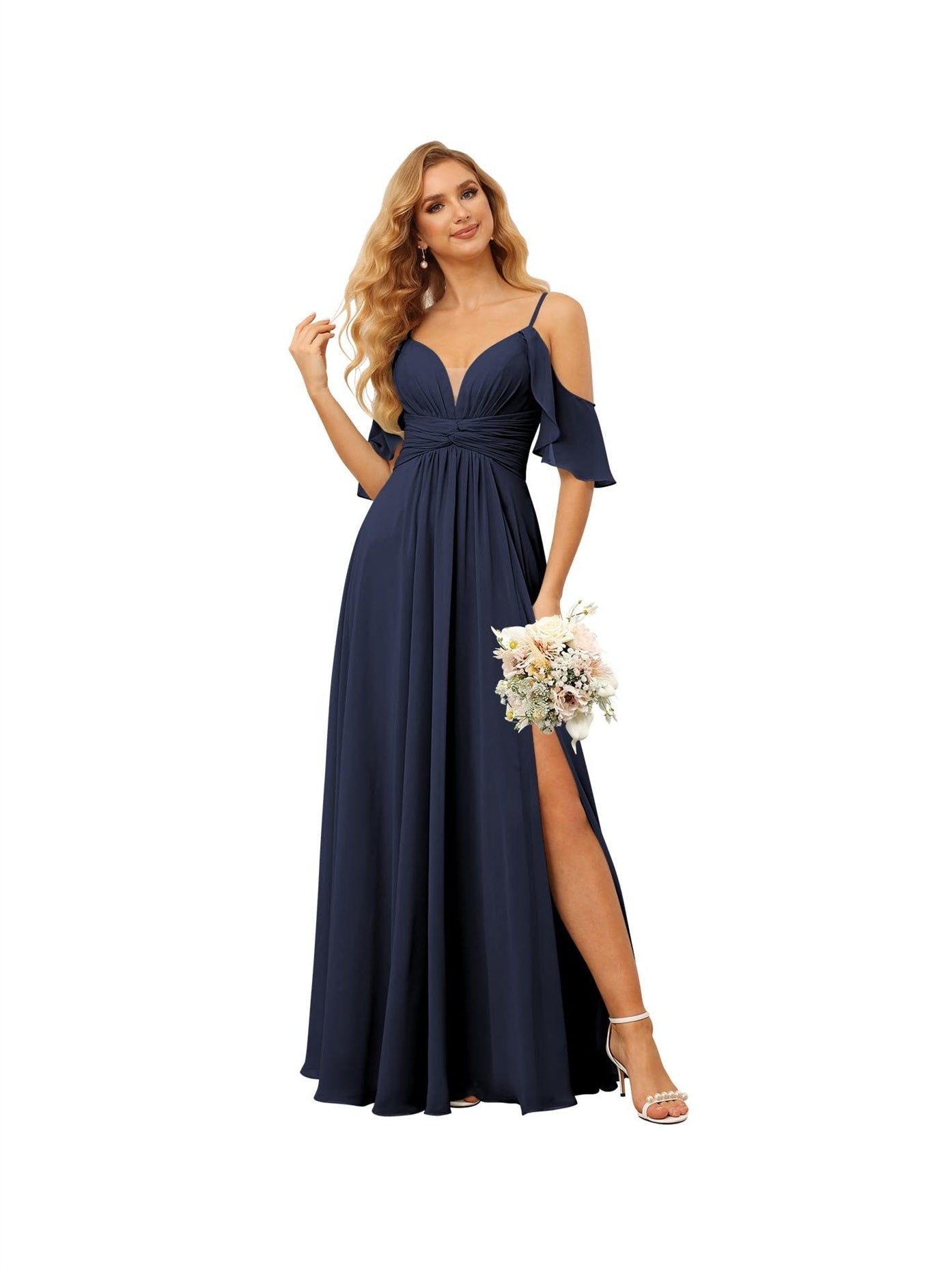 A-Line/Princess Spaghetti Straps Sleeveless Floor Length Bridesmaid Dresses Chiffon with Ruffles Split