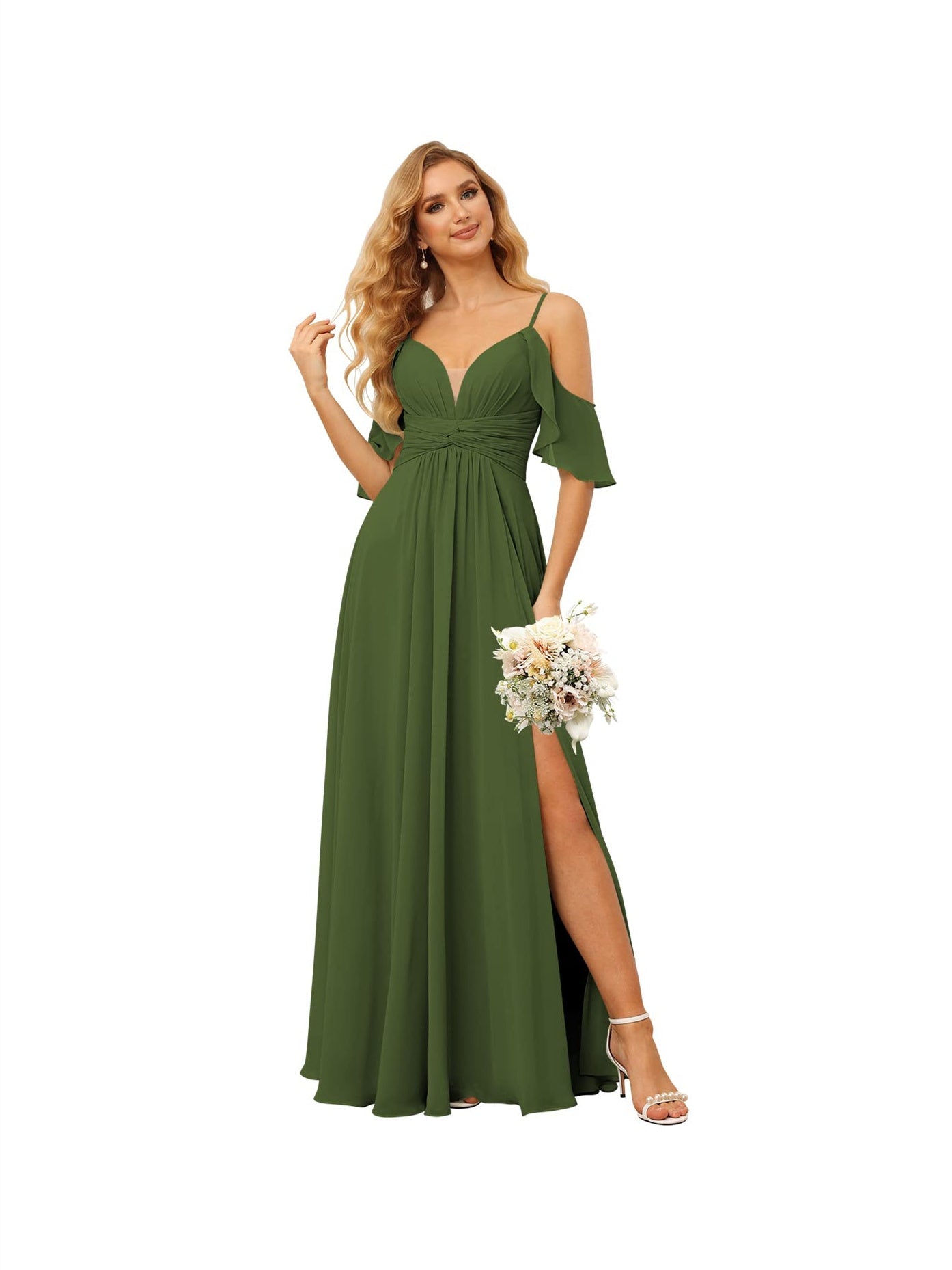A-Line/Princess Spaghetti Straps Sleeveless Floor Length Bridesmaid Dresses Chiffon with Ruffles Split
