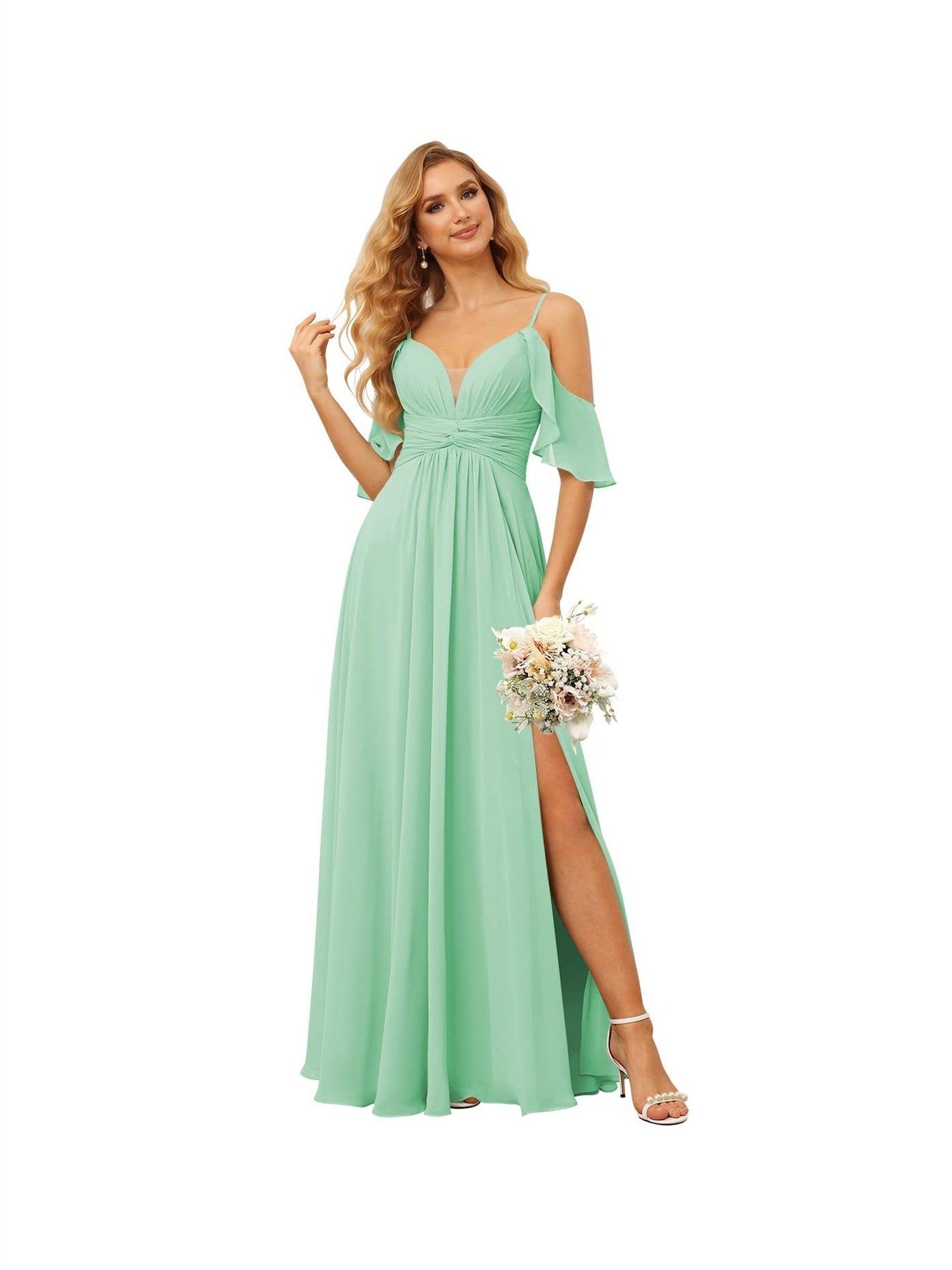 A-Line/Princess Spaghetti Straps Sleeveless Floor Length Bridesmaid Dresses Chiffon with Ruffles Split