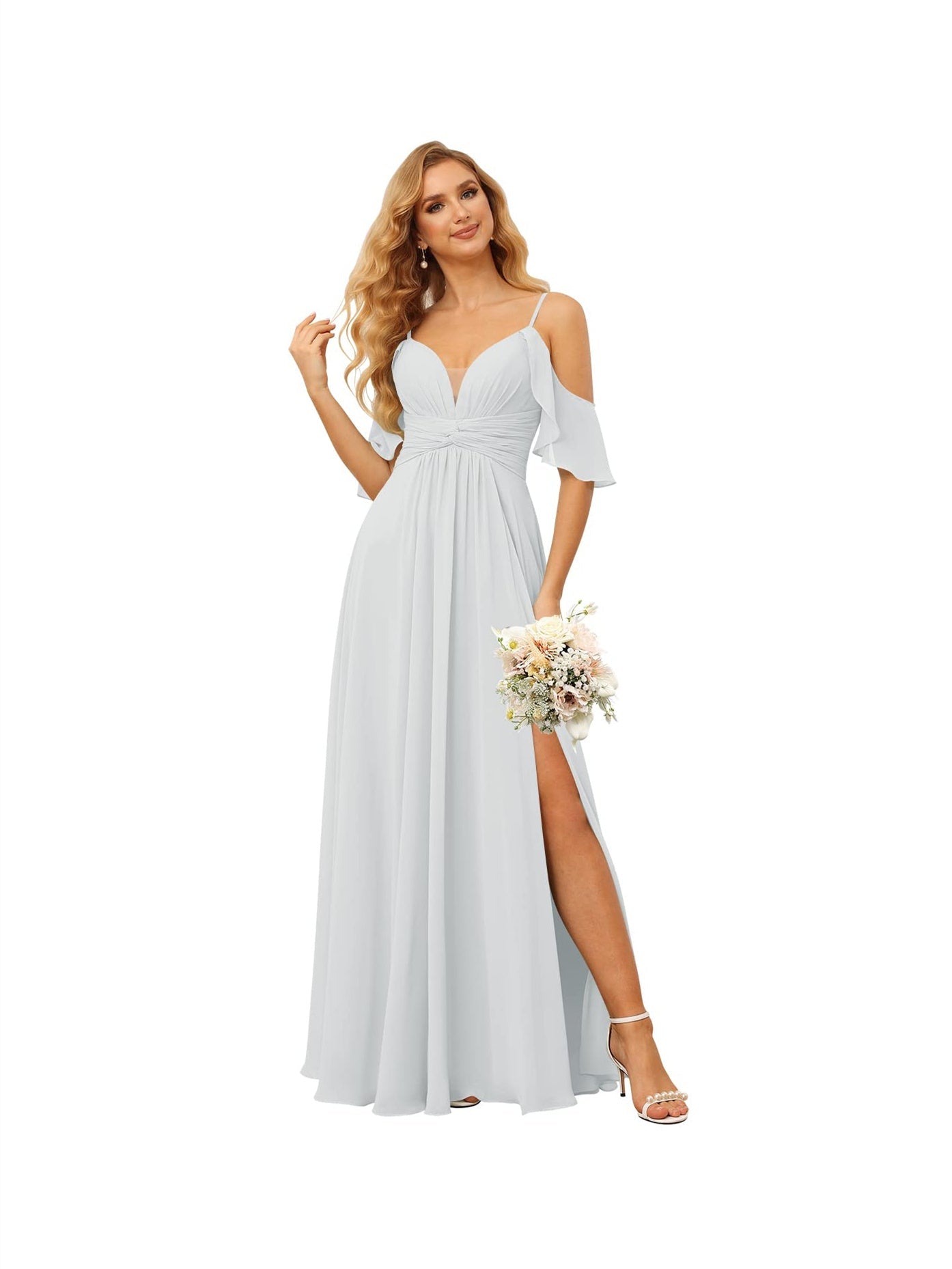 A-Line/Princess Spaghetti Straps Sleeveless Floor Length Bridesmaid Dresses Chiffon with Ruffles Split