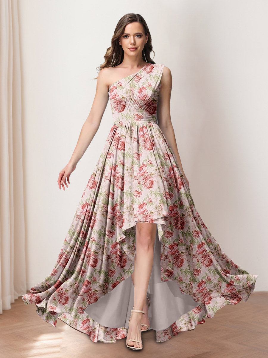 A-Line/Princess One-Shoulder Asymmetrical Printed Floral Bridesmaid Dresses with Ruffles