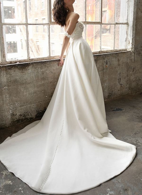 A-Line/Princess Off-The-Shoulder Pleated Wedding Dresses with Appliques & Buttons & Side Slit
