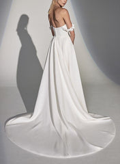 A-Line/Princess Off-The-Shoulder Pleated Wedding Dresses with Appliques & Buttons & Side Slit