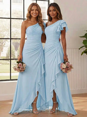 A-Line/Princess One-Shoulder Chiffon Bridesmaid Dresses Short Sleeve Asymmetrical Floor Length Ruffles