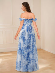A-Line/Princess Off-the-shoulder Pleated Floor-Length Printed Floral Evening Dresses with Side Slit