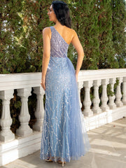 A-Line/Princess One-Shoulder Sleeveless Floor-Length Cutout Evening Dresses with Tulle & Sequins