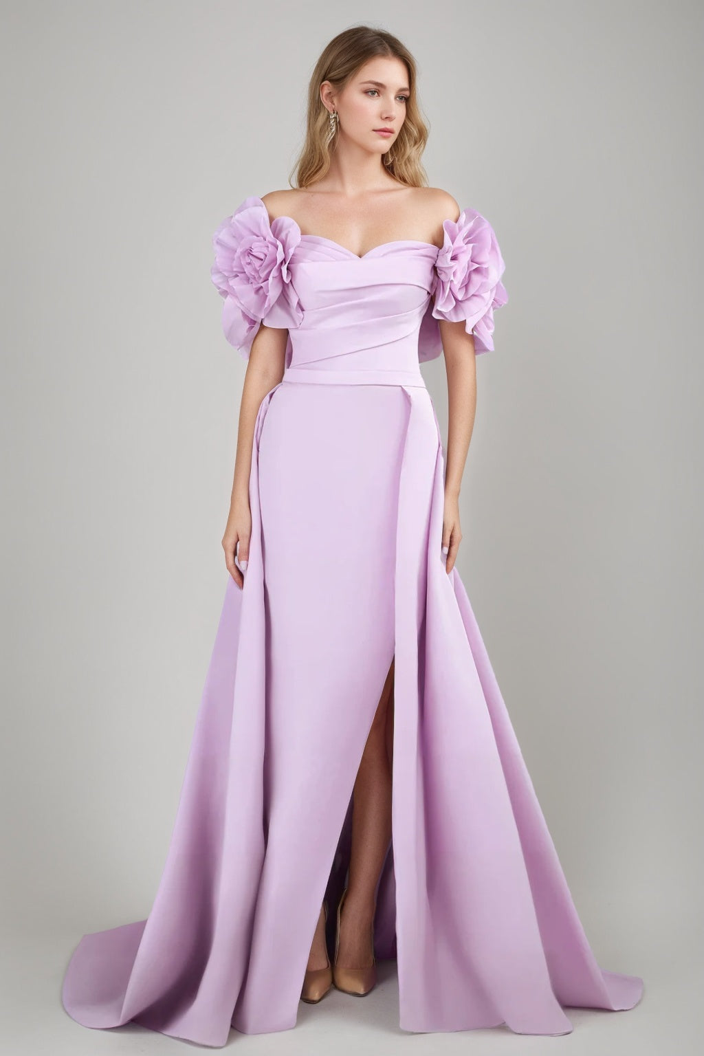 A-Line/Princess Off-the-shoulder Floor-Length Ruched Evening Dresses with Ruffles & 3D Flowers & Slit & Belt