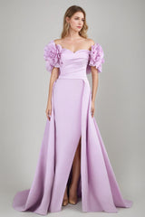 A-Line/Princess Off-the-shoulder Floor-Length Ruched Evening Dresses with Ruffles & 3D Flowers & Slit & Belt