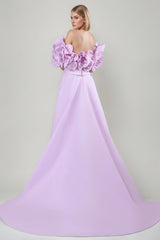 A-Line/Princess Off-the-shoulder Floor-Length Ruched Evening Dresses with Ruffles & 3D Flowers & Slit & Belt
