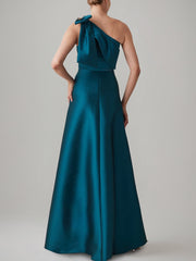 A-Line/Princess One-Shoulder Evening Dresses Floor-Length Satin Party Dresses with Jewel bow