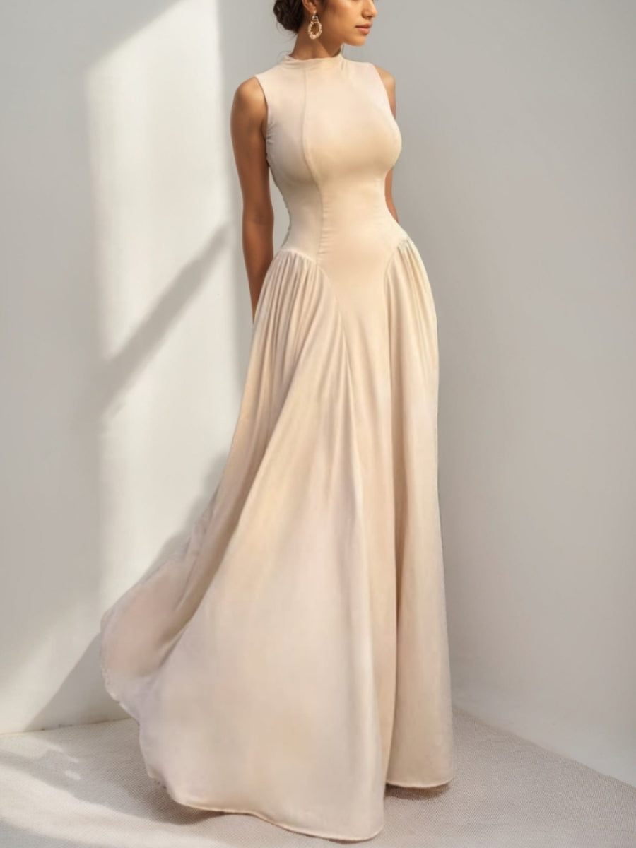 A-Line/Princess Mock Neck Wedding Guest Dresses Sleeveless Pleated Floor-Length
