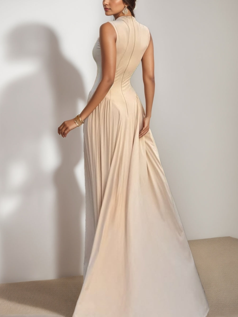 A-Line/Princess Mock Neck Wedding Guest Dresses Sleeveless Pleated Floor-Length