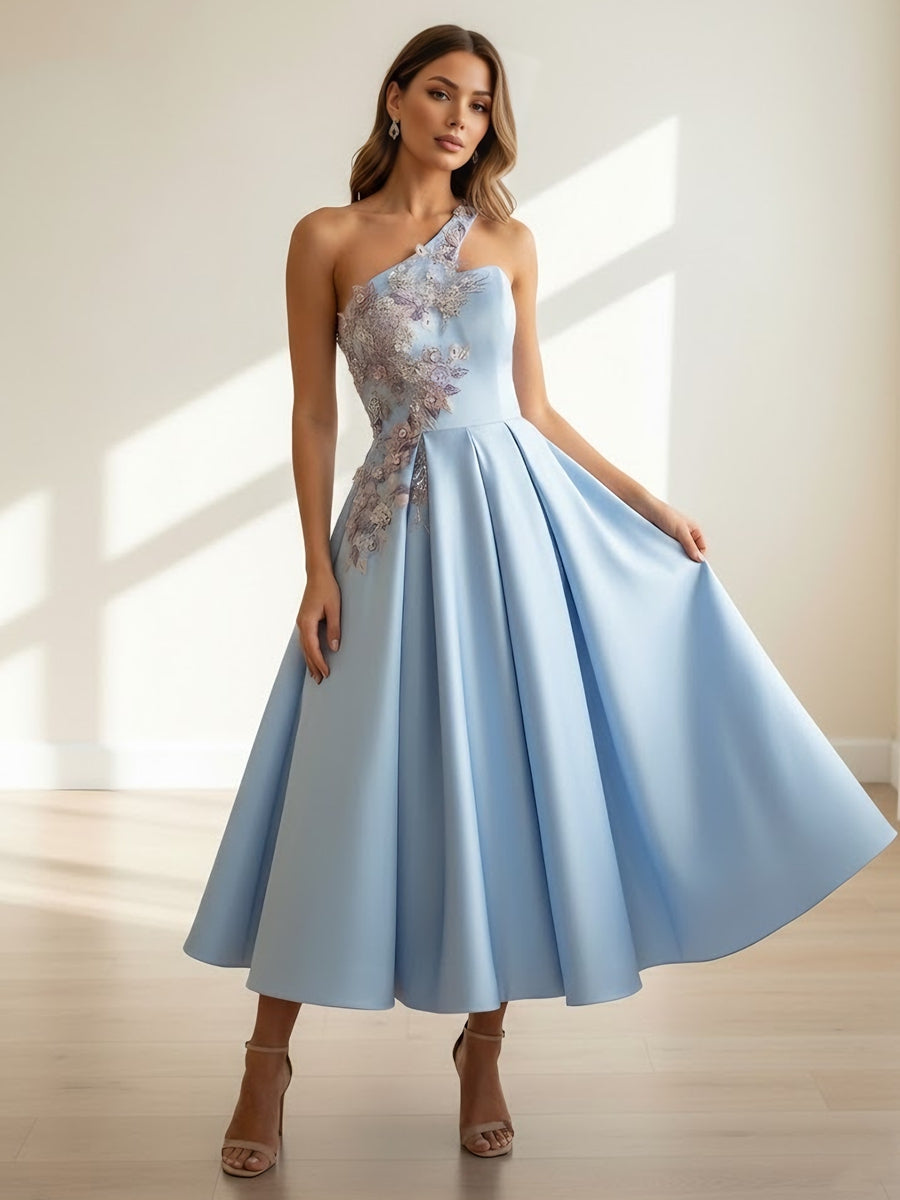 A-Line/Princess One-Shoulder Satin Cocktail Dresses Sleeveless Tea-Length Floral Formal Dresses