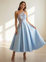A-Line/Princess One-Shoulder Satin Cocktail Dresses Sleeveless Tea-Length Floral Formal Dresses